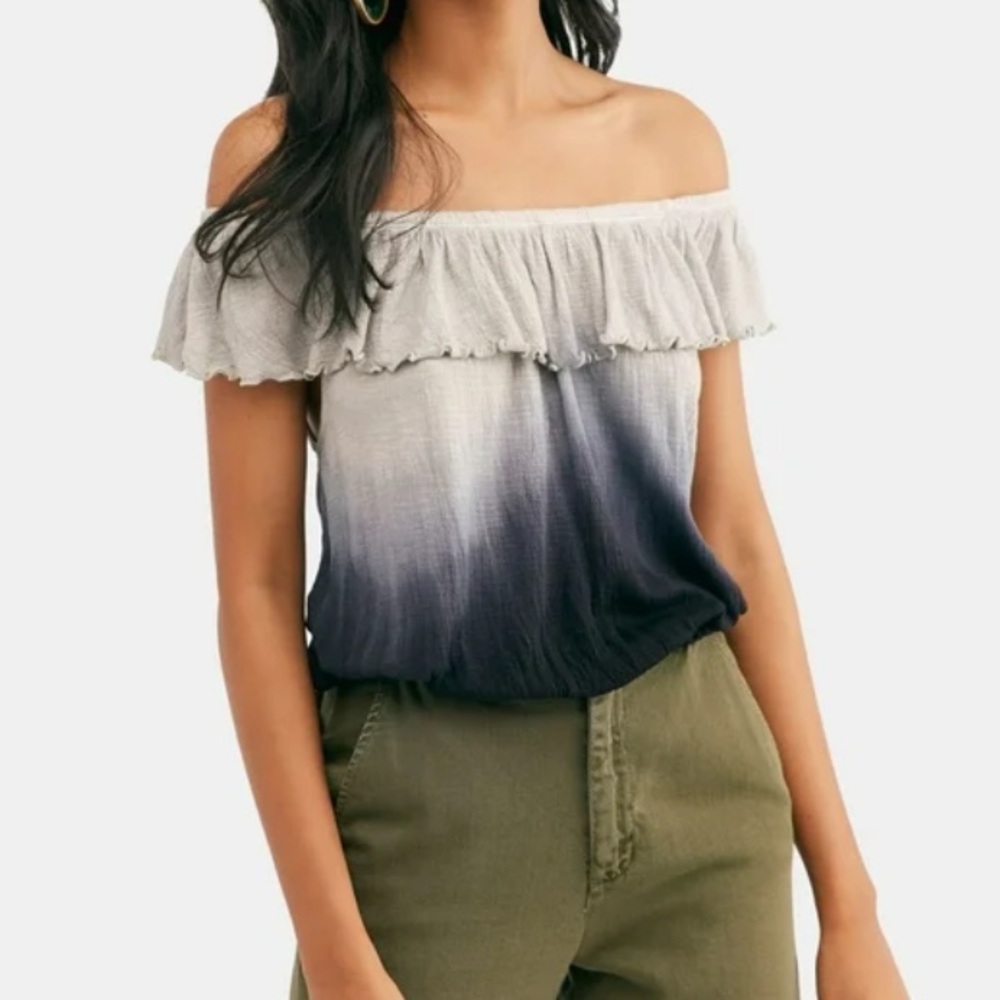 FREE PEOPLE Womens Gray Ombre Short Sleeve Off Shoulder Top M dip dye